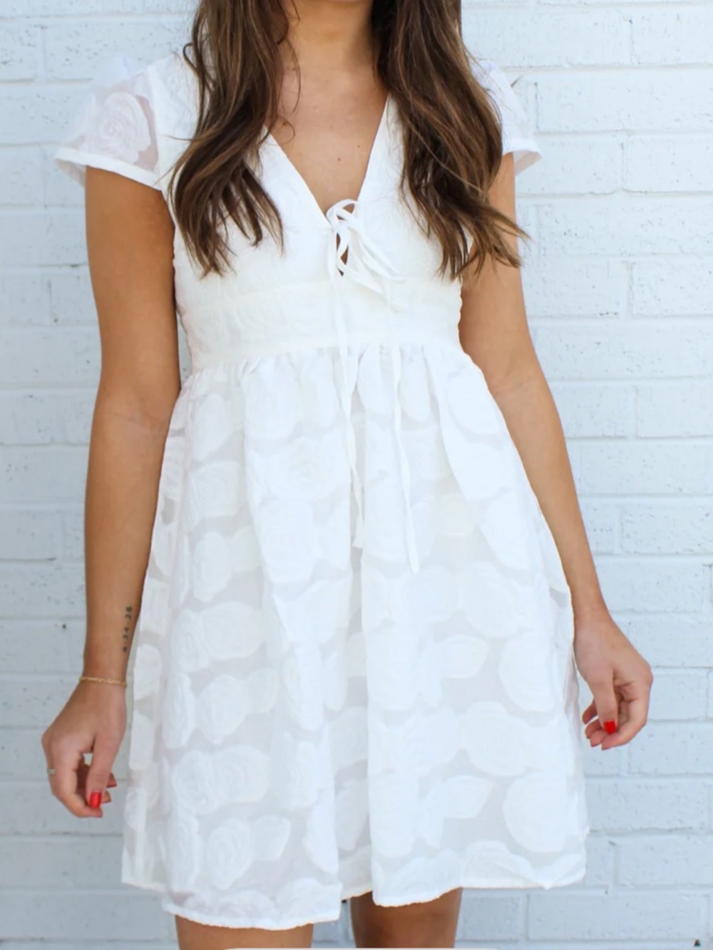TCEC Textured Floral White Mini Dress with Tie Front